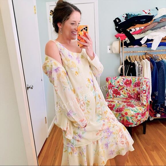 Vintage Metaphor 90s Pastel Yellow Pink Maxi Dress With Shawl Jacket 8 M - Picture 1 of 12